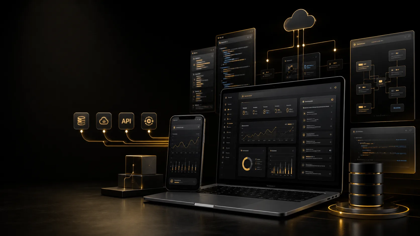 Premium web, mobile app, and custom software engineering workspace with connected dashboards